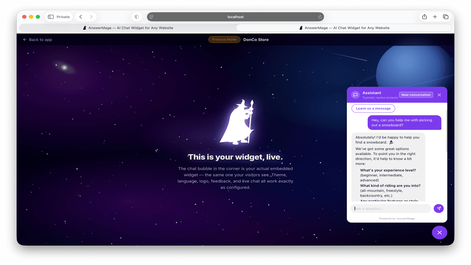 AnswerMage chatbot preview answering a visitor question in real time